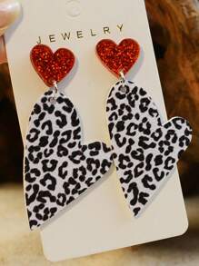 1pair Valentine'S Day Asymmetric Gridded Heart Design Leather Double-Sided Printed Soft Earrings, Leopard & Minimalist Black-White Style For Women - acrylic earrings - View 5