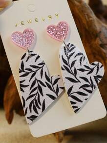 1pair Valentine'S Day Asymmetric Gridded Heart Design Leather Double-Sided Printed Soft Earrings, Leopard & Minimalist Black-White Style For Women - acrylic earrings - View 4