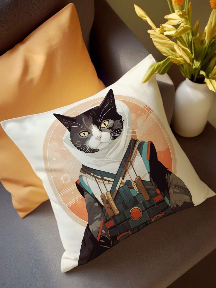 1個日式風格貓武士商人復古插畫動物,四季坐墊套（不含枕芯） - 杏色 - 查看 1