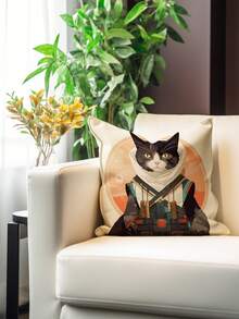 1個日式風格貓武士商人復古插畫動物,四季坐墊套（不含枕芯） - 杏色 - 查看 3