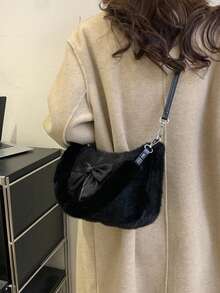 1pc Plush Women'S Crossbody Shoulder Bag With Bowknot Detail, Underarm Square Bag Valentines - Black - View 4