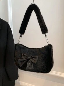 1pc Plush Women'S Crossbody Shoulder Bag With Bowknot Detail, Underarm Square Bag Valentines - Black - View 2