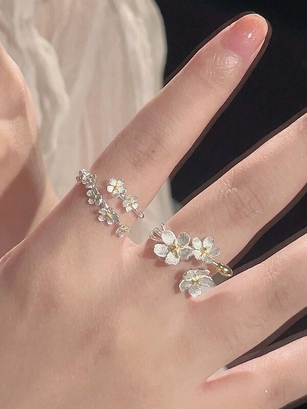 2pcs Antique Medieval French Retro Court Three-Dimensional Flowers Teen's Ring Silver Iris Adjustable Ring