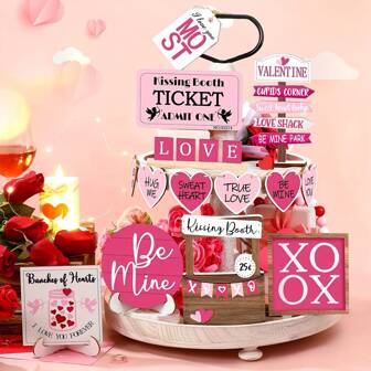 17PCS Valentine'S Day Tiered Tray Decor Set, Heart Table Top Decor Farmhouse Wooden Block Signs Rolling   For Valentine Home Kitchen Decorations