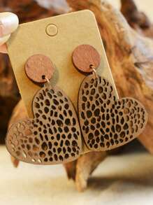 1 对复古牛仔风格仿旧皮革柔软对称心形吊坠耳环，采用不对称镂空木质设计，适合女士，情人节 - 皮革耳環 - 查看 5