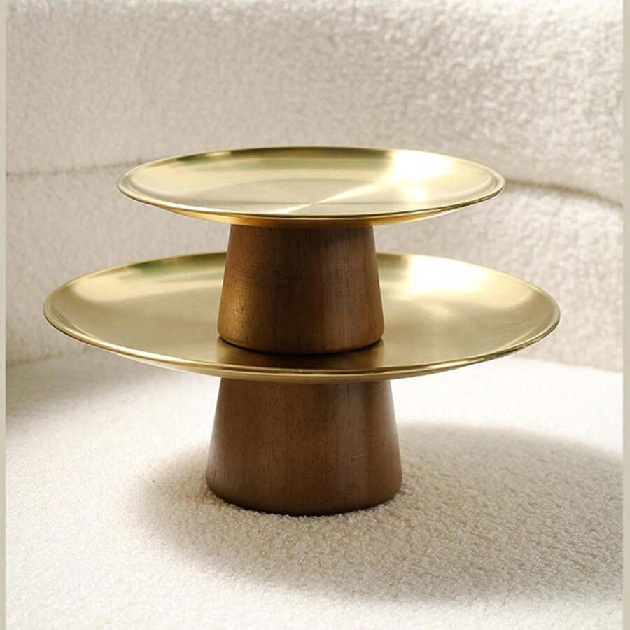 Luxury Stainless Steel Fruit Tray, HighFooted Acacia Wood Cake Stand For Living Room Coffee