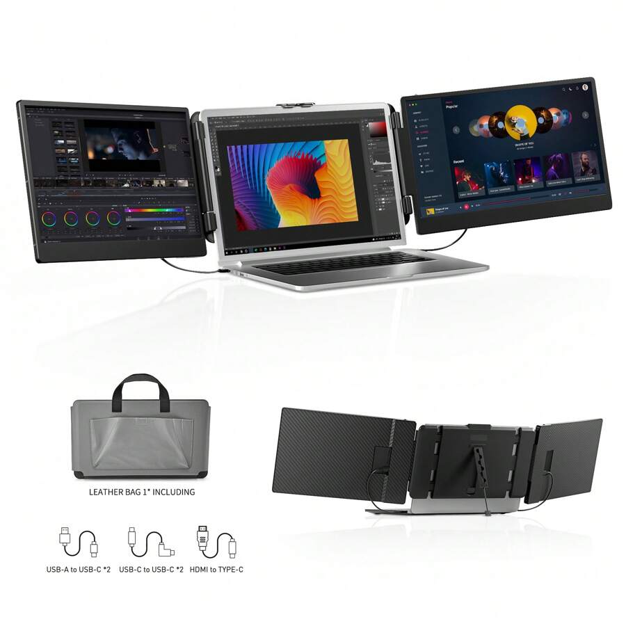 Laptop Screen Extender Portable Monitor - 14 Inch Triple IPS FHD 1080P Screen HDMI-Compatible/USB-A/Type-C Plug & Play Laptop Extended Monitor Compatible With 13"-17" Laptops (Triple 14") - 無電源轉接器 - 查看 1
