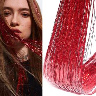 1pc red Shiny Sparkle Hair Tinsel 150PC/120cm Thin Colorful Rainbow Silk Hair Extensions Dazzles Women Hippie for Braiding Headdress