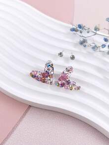 1對全配錯綜鋯石耳針和1對簡單可愛的亮粉紅色心形掛針,甜蜜情人節派對禮物 - 愛心耳環 - 查看 5
