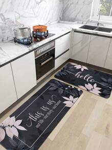 1pc Fashionable Leaf & Letter Printed Kitchen Mat, Crystal Velvet Rectangle Soft Anti-Slip Absorbent Floor Mat For Living Room Home Use ,Room Decor - Multicolor - View 1