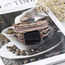 波西米亞風格皮革錶帶相容於蘋果手錶，男女適用38mm/40mm/41mm和42mm/44mm/45mm/49mm，粉色時尚手印皮革蘋果錶帶適用於錶帶系列9/8/7/6/5/4/3/2/1/SE Ultra 2 - 粉色 - 查看 4