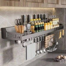 Estante organizador de especias de cocina montado en la pared, estante de especias para ahorrar espacio con barra de toalla y 6 ganchos - Gris Oscuro - Ver 1