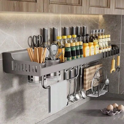 Estante organizador de especias de cocina montado en la pared, estante de especias para ahorrar espacio con barra de toalla y 6 ganchos