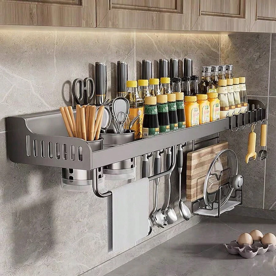 Estante organizador de especias de cocina montado en la pared, estante de especias para ahorrar espacio con barra de toalla y 6 ganchos - Gris Oscuro - Ver 1