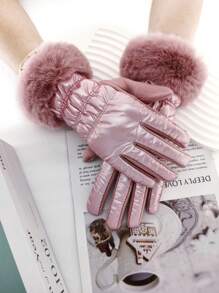 1 双女式 AB 版防水雨布背面，绒面革掌心触摸屏保暖手套，带毛绒袖口，时尚实用，适合秋冬 - 粉色 - 查看 1