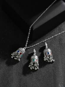 1set Fashionable Colorful Tassel Necklace And Earrings Set With Bell And Oil Drip Design, Suitable For Women's Daily Wear - Pink - View 11