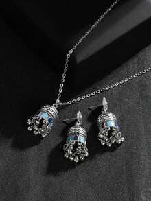 1set Fashionable Colorful Tassel Necklace And Earrings Set With Bell And Oil Drip Design, Suitable For Women's Daily Wear - Pink - View 8