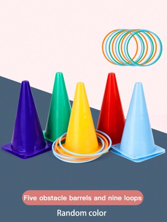 5pcs Traffic Cone + 9pcs Ring Toss Set - Sensory Training/Physical Coordination/Enhance Concentration/Early Childhood Education/Build Confidence/Smooth Surface Without Burrs/Random Colors