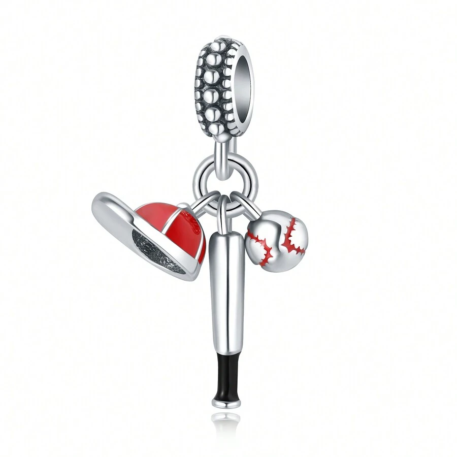 1 件學院風格運動系列 925 純銀排球棒球啞鈴吊飾珠適合 Diy 首飾配件手鍊手鍊首飾女士男士生日禮物 - 酒紅色 - 查看 1