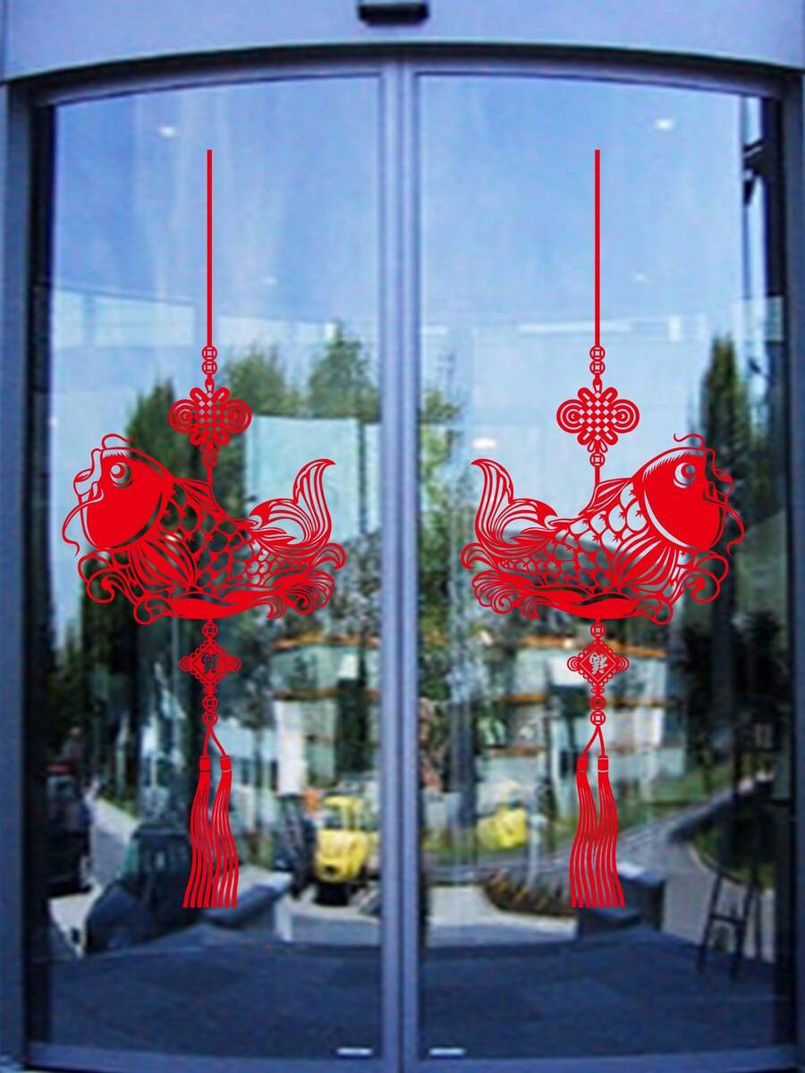 1pc Fishtail Shaped Glass Ornament For Chinese Lunar New Year Decoration, Wall Sticker - Red - View 1