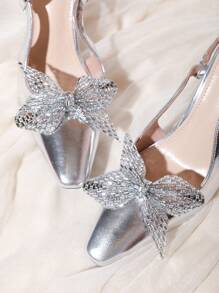 1pair (2pcs) Detachable Silver Rhinestone Band Butterfly Design Diy Shoe Clip, Elegant Fashionable Shoe Decoration For High Heels, Pumps, Women's Shoes, Etc. - Silver - View 3