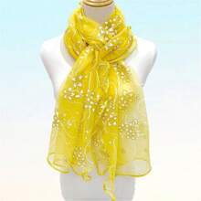 1pc Ladies' Dustproof Breathable Printed Lace Mesh Scarf, Suitable For Daily Traves, Festival Gathering, Etc. - Mustard Yellow - View 1