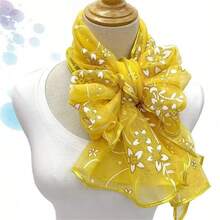 1pc Ladies' Dustproof Breathable Printed Lace Mesh Scarf, Suitable For Daily Traves, Festival Gathering, Etc. - Mustard Yellow - View 3