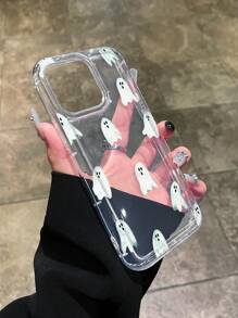 Shock-Absorbing Printed Transparent Phone Case, Halloween Ghost Print Phone Case Compatible With IPhone 16/16 Pro/16 Plus/16 Pro Max, Galaxy