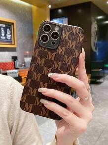 1pc Sticky Letter M Leather Phone Case Compatible With Iphone - Brown - View 4