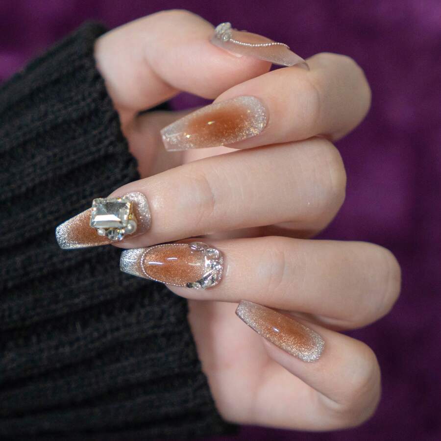 Upgrade Your Style: 10pcs Purely Handmade Nail Art Decals With Nude Color And Square Rhinestones, Removable, Perfect For Parties, Dates, Gift For Girls And Women Press On Nails Nail Supplies - Brown - View 1