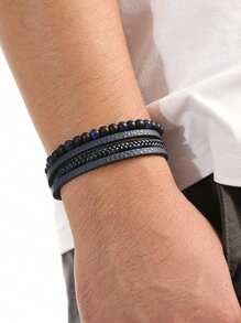 yijiangbeiting 復古男士手編天然黑曜石手鍊,珠狀虎眼石皮革手編多層疊戴手鍊 - 彩色 - 查看 2