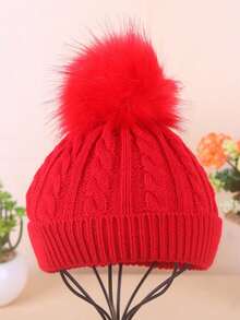 兒童帽子,秋冬季毛線帽附毛球,純色可愛毛線帽 - 紅色 - 查看 2