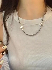 1件装女士高端交错星形拼接项链，百搭颈链，圣诞礼物，适合日常佩戴