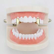 1pc Holiday Gift Single Light-Reflective Hip Hop Teeth Grillz, Unisex Vampire Fangs Electroplated Copper Accessory - Gold - View 8
