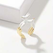 1入復古幾何3d兔子繪畫油戒不褪色,流行的開口動物戒指 - 黑小狗 - 查看 2