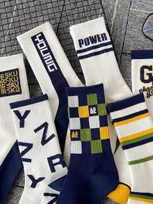 3雙組隨機潮流字母和條紋圖案歐美風格運動籃球中筒襪 - 彩色 - 查看 6