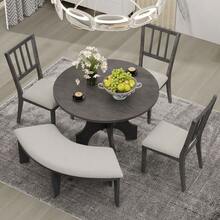 5-Piece Wood Dining Set With 44-Inch Round Tables With Solid Wood Legs, Upholstered Curved Bench & Side Chairs For Space, For Playroom, Living Room, Home Bar(Grey) - 灰色 - 查看 6