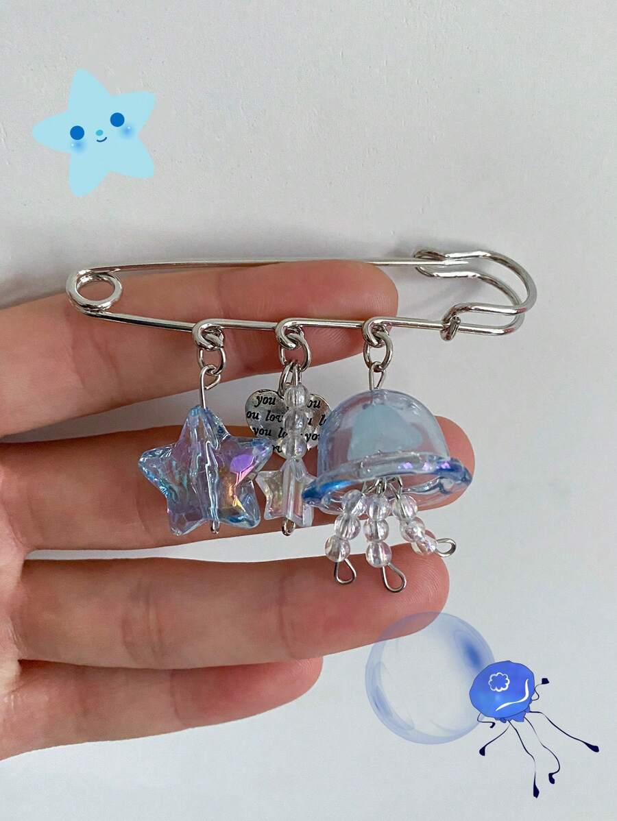 1pc Creative Diy Jellyfish Brooch,Star And Heart Charm Decor,Couple Gifts Valentines,Mom,Mother,Mother's Day,Gift - Blue - View 1