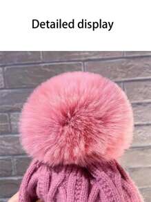 Chapéu Para Mulheres, Chapéu De Lã Felpuda E Quente Para O Inverno, Chapéu De Lã Feminino Com Bola De Lã Tricotado, Chapéu Versátil E Espesso Para O Frio, 1 Peça Fofa - Rosa chiclete - Visão 2