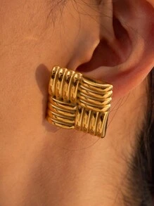 Uworld 1pair High-End Fashion Personalized Earrings, 18k Gold Plated Stainless Steel Square Textured Ear Studs Elegance Accessories