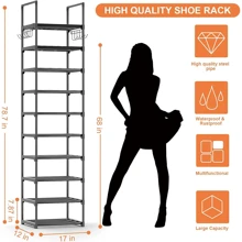 10 Tier Tall Shoe Rack Organizer For Closet Entryway, 20-24 Pair Shoe Boot Storage Rack, Narrow Metal Shoe Shelf Small Vertical Stackable Shoe Stand For Bedroom Corner With 2 Hooks PP Gaskets