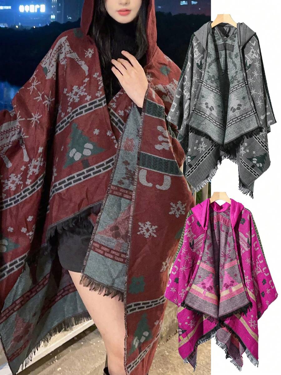 1件女士雪花和鹿印花耶誕風格保暖披風,適用於寒冬氛圍和拍照 - 酒紅色 - 查看 1