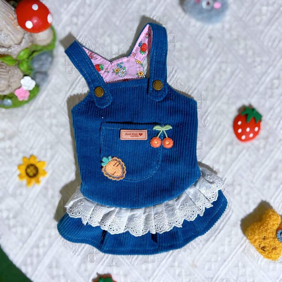 秋冬寵物衣服加厚燈芯絨防靜電背帶裙小型犬貓保暖衣服 - 藍色 - 查看 1