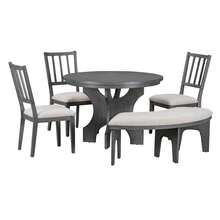 5-Piece Wood Dining Set With 44-Inch Round Tables With Solid Wood Legs, Upholstered Curved Bench & Side Chairs For Space, For Playroom, Living Room, Home Bar(Grey) - 灰色 - 查看 3