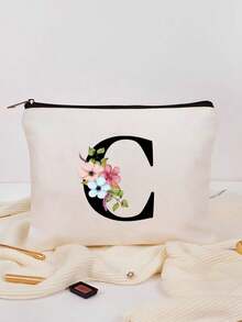 字母花卉圖案化妝包,便攜式簡約拉鍊化妝包,多功能男女洗漱包,簡約化妝品收納包 - 米色 - 查看 4
