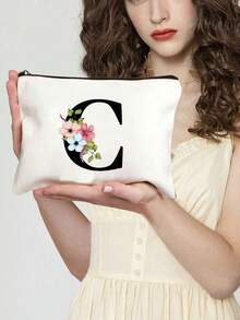 字母花卉圖案化妝包,便攜式簡約拉鍊化妝包,多功能男女洗漱包,簡約化妝品收納包 - 米色 - 查看 2