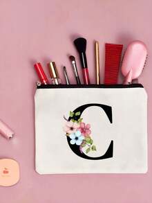 字母花卉圖案化妝包,便攜式簡約拉鍊化妝包,多功能男女洗漱包,簡約化妝品收納包 - 米色 - 查看 5