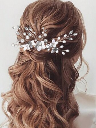 3 件/套手工珍珠和玻璃水鑽裝飾髮夾和髮夾,帶有白花設計,新娘婚禮派對配件