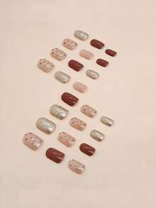 ARTAUG 24入組半成品預壓假指甲,短方形焦糖棕色香檳閃光,全蓋式假指甲套裝,1支指甲油透明掛片&1支指甲膠貼套裝,適用於女孩母親女性禮物和指甲用品&批發&聖誕&萬聖節&感恩節&母親節和情人節禮物,美白指甲美甲套裝,適用於節日、派對、約會和日常穿著 - 彩色 - 查看 4