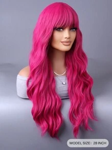 False Red Natural Everyday Hair With Bangs, Curly Hair And Wigs - Hot Pink - View 2